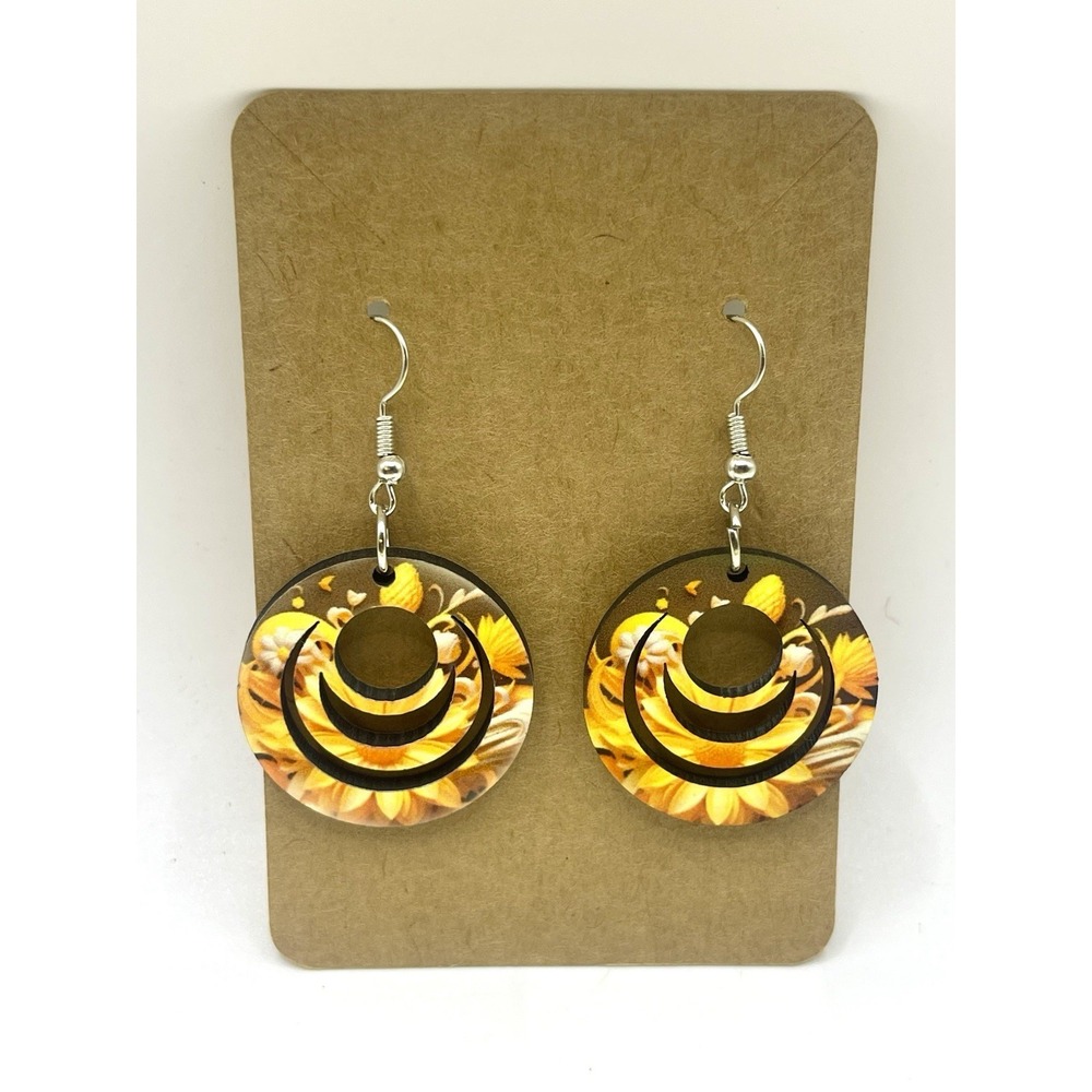 Yellow Daisy Earrings Round Dangle 2"
